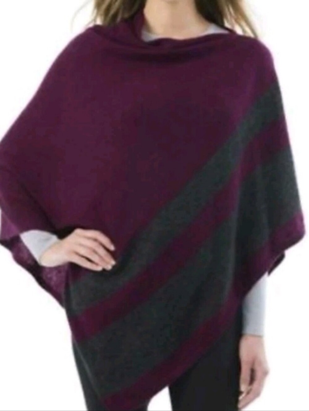 Celeste Burgundy and Gray Wool/Cashmere Striped Poncho Sweater